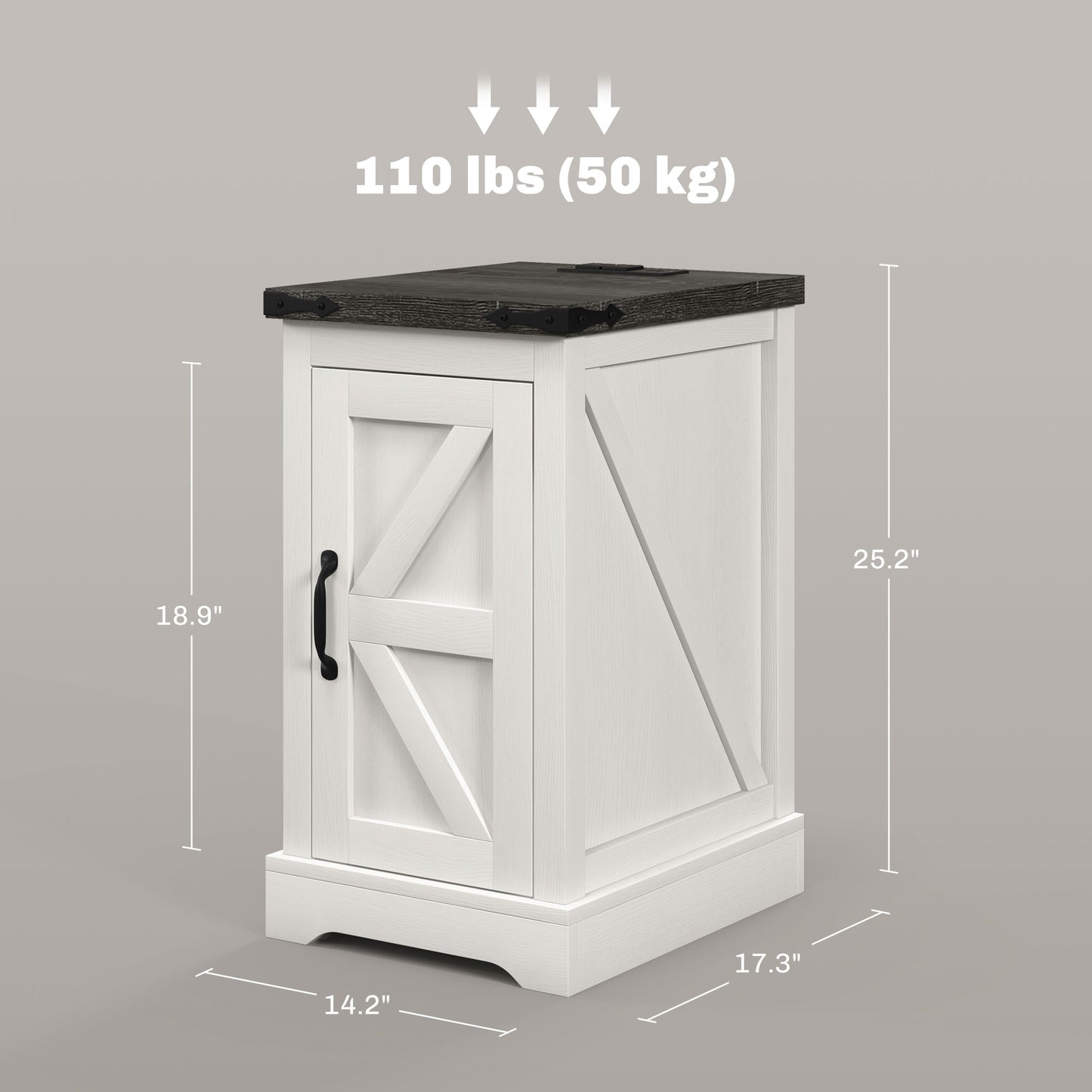 Farmhouse End Table with Storage, Side Table with Charging Station and USB Ports for Living Room, Distressed White