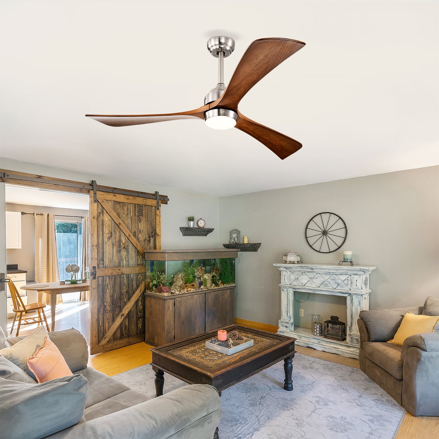 52in Solid Wood Blades Ceiling Fan With Lights Remote Control,Quiet DC Motor 3 Blade Ceiling Fans 6 Speed Levels,Reversible Ceiling Fan, For Patio Living Room, Bedroom, Office,Indoor.  Stain Nickel