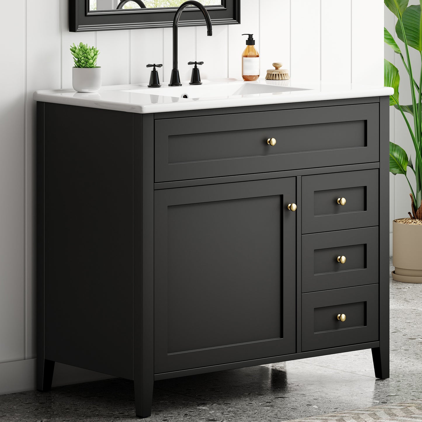 36-Inch Black Bathroom Vanity With Sink, Modern MDF And Rubberwood Cabinet With 3 Drawers And Adjustable Shelf, Freestanding Vanity For Bathroom Storage And Organization Left Door