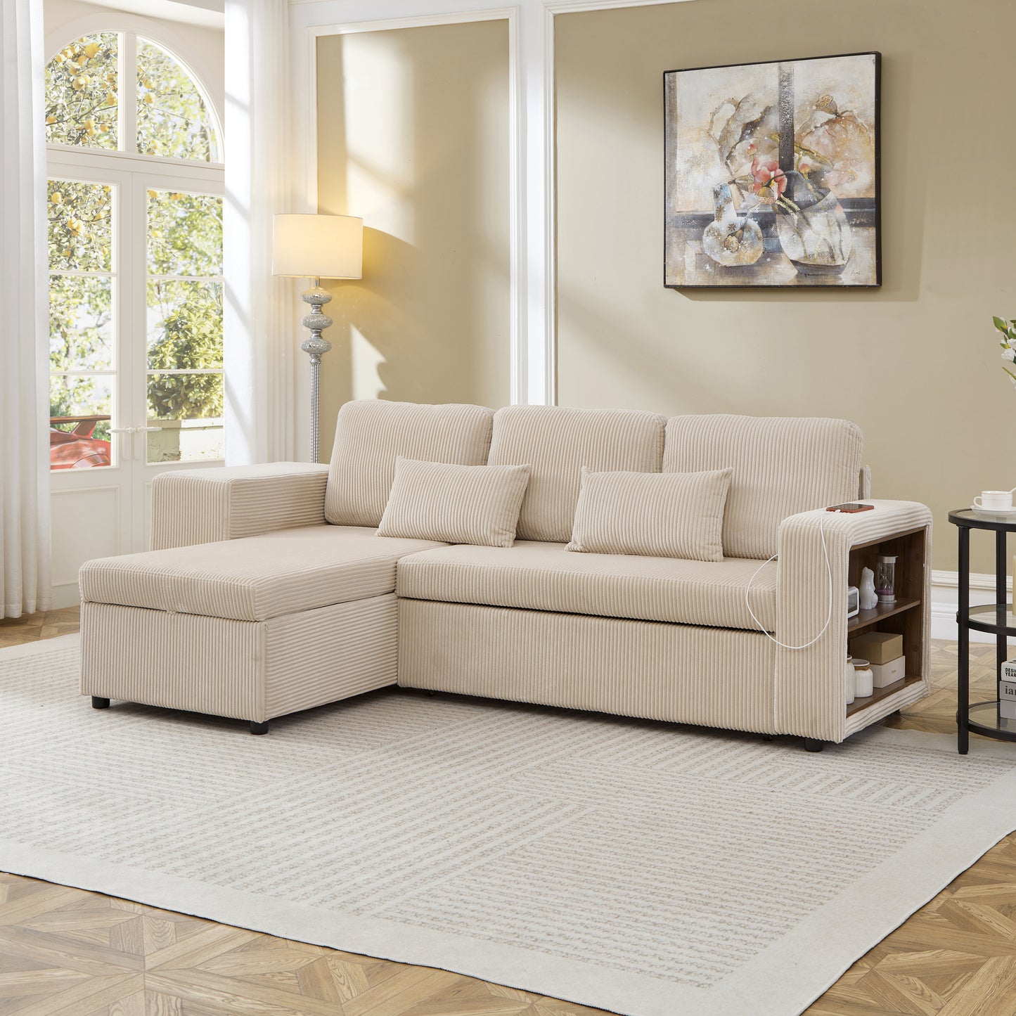Modern L-Shaped Convertible Sofa Bed, 3-in-1 Convertible Sofa Bed With Internal Storage Chaise, Nesting Footstools, Integrated Charging Station & Adjustable Armrest Side Storage, Corduroy Fabric,Beige