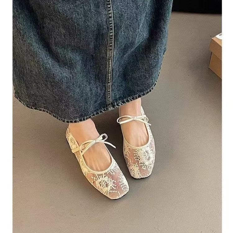 Women Breathable Mesh Mary Jane Shoes, New Spring Summer Low Cut Fairy Style Pumps, Bowknot Design Hidden Wedge Heels