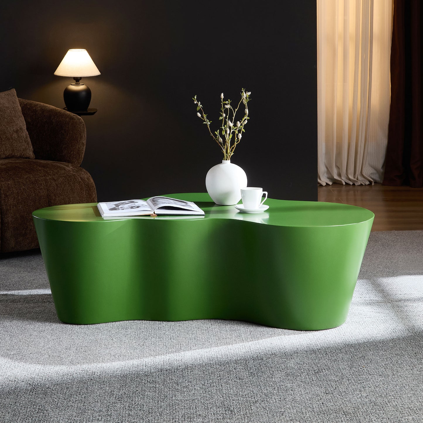 50 Inch Unique Shape Coffee Table Sturdy Fiberglass Tea Table For Living Room No Need Assembly GREEN
