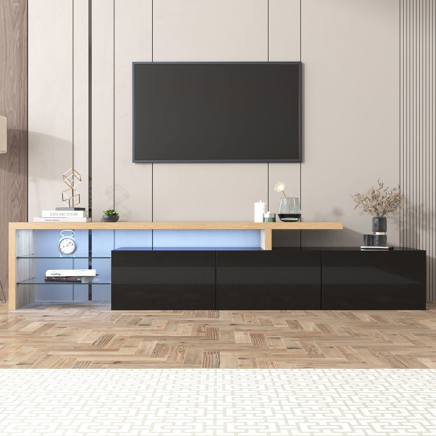 Modern TV Cabinet Design Stylish Elegance, Practical Storage, High-gloss Black, Wood-effect Finish, Glass Shelves, LED Lighting.