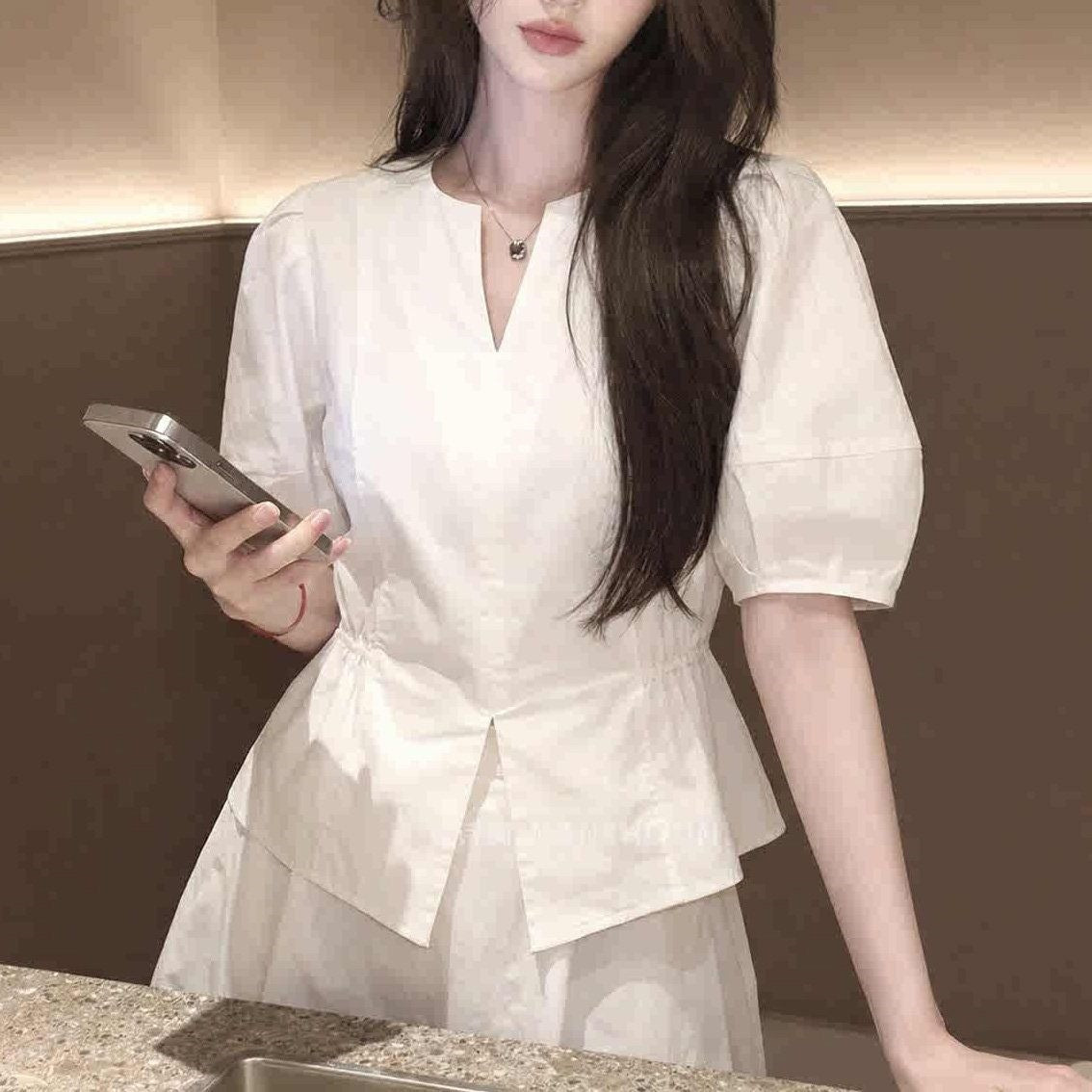 Summer New Arrival Designer White Puff-sleeve Waist-cinching Blouse