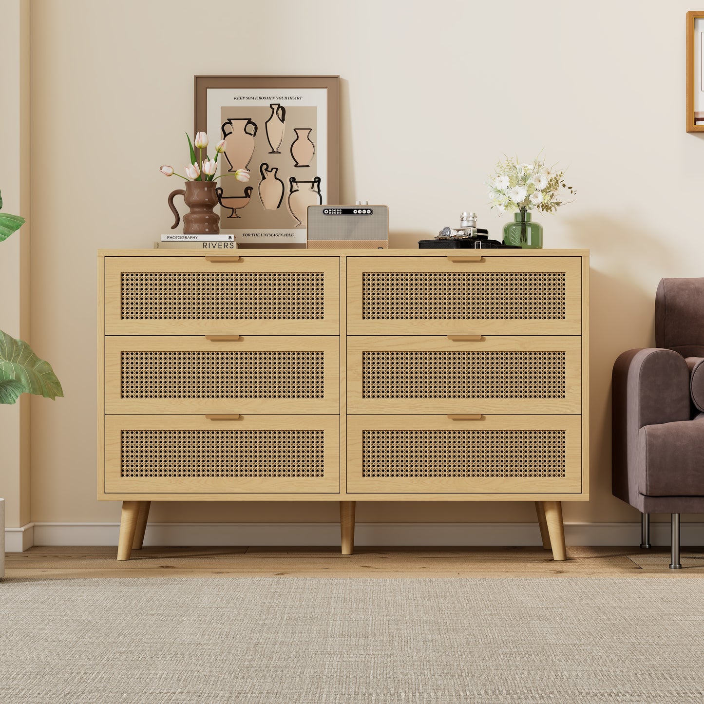 Chest Of Drawers With 6 Drawers, Sideboard Drawer Cabinet Made Of Wood, Drawer Chest Of Drawers With Metal Handles, For Bedroom, Living Room, Office, Sideboard Highboard With Plenty Of Storage Space,