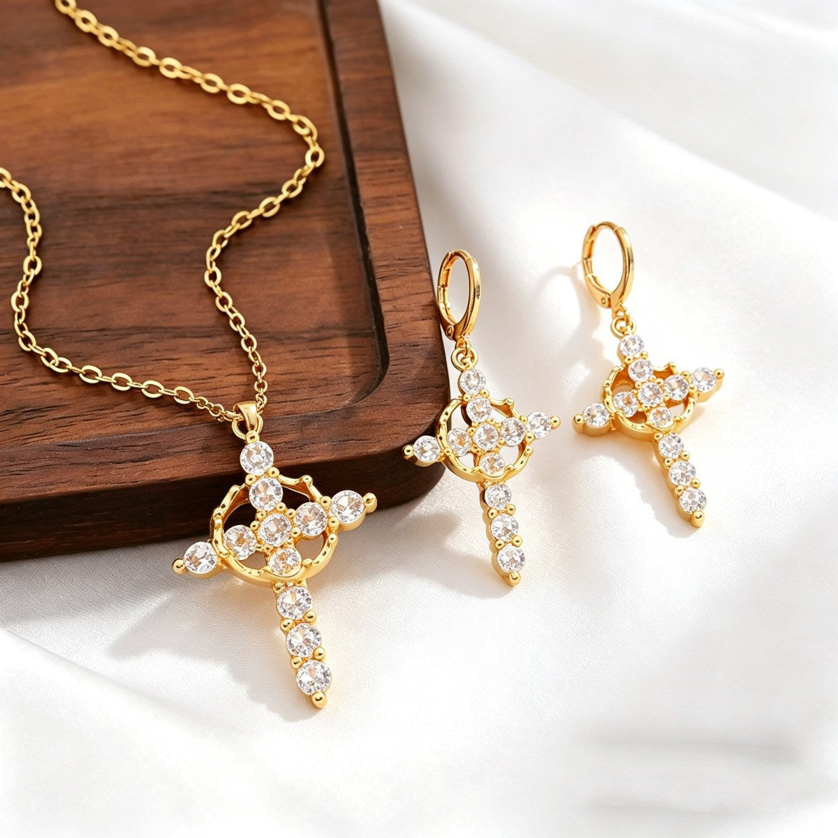 European American Women Jewelry Set, Unique Crown & Cross Pendant Clavicle Necklace & Matching Drop Earrings, Sparkling Cubic Zirconia Inlaid Versatile Daily Neck Ear Accessories