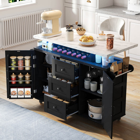Mobile Kitchen Island With Folding Worktop, Kitchen Trolley, 5 Wheels, Door Shelf, Wine Rack And Glass Holder, 120x42x93cm