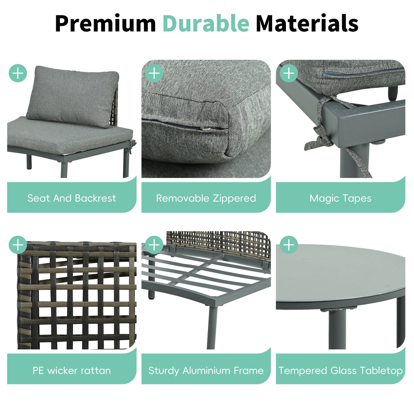 TOPMAX 8-Piece Patio Sofa Furniture Set, Half Moon Outdoor Sectional Sofa With 2 High-Low Coffee Tables, PE Wicker Rattan, Tempered Glass, 6 Pillows & Cushions, For Backyard, Garden, Poolside,Gray