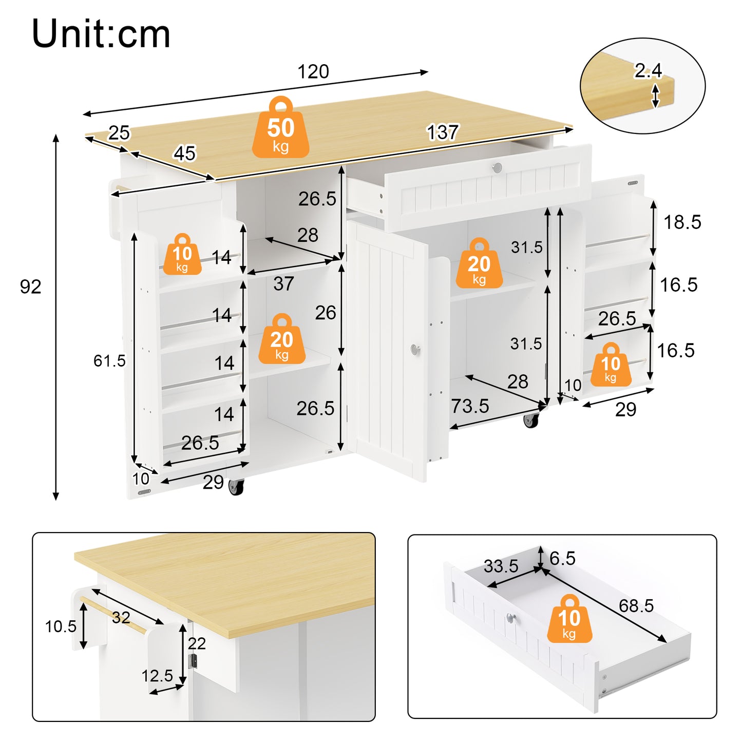 Mobile Kitchen Island With Folding Worktop, Kitchen Trolley, Bar Table, With Drawer And Storage Cabinet, 3 Door Shelves, 120 X 45  X92 Cm