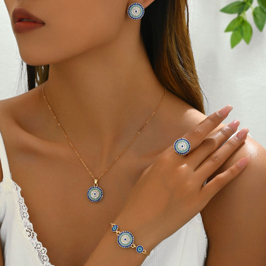 Cross-border European American Women Jewelry Set, Geometric Round Pendant Inlaid Cubic Zirconia, Beaded Bracelet & Adjustable Open Ring, Versatile Daily Neck Wrist Finger Accessories