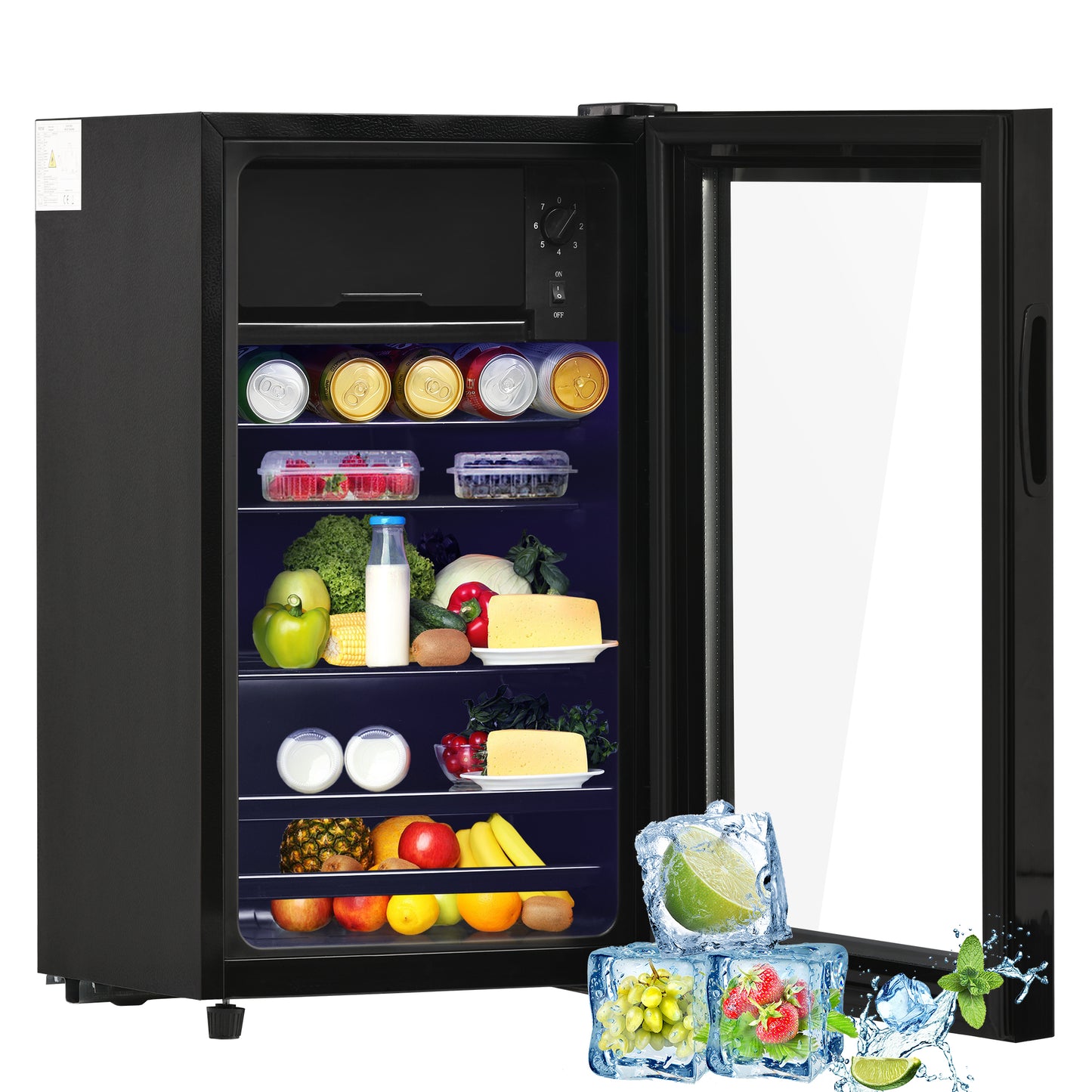76LMini Refrigerator, 6L 70L For Ice, LED Light, Asst 51 Cans Of Lemonade, Water, Beer Or Wine. Low Noise Operation, Compressor Cooling System, Energy Efficient, Adjustable Shelves