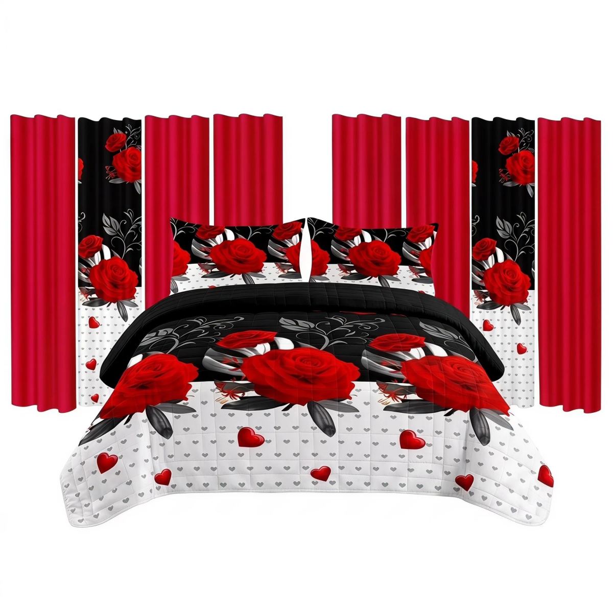 9 Piece Room In A Bag Quilt And Curtain Set, US Designer Romantic Red Rose Print Heavyweight Bedspread With 6 Customizable Window Panels, Pet-Friendly High GSM Coverlet