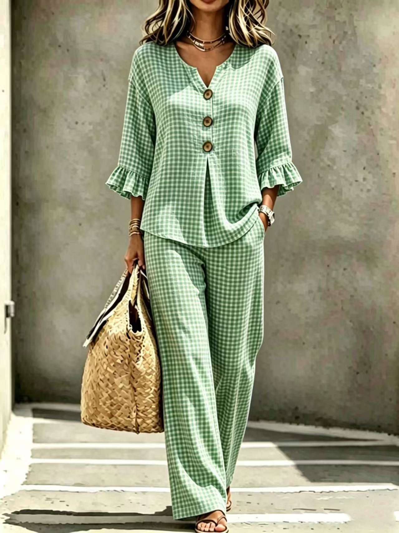 Womens New Casual Buttoned V-Neck Ruffled Hem Plaid Three-Quarter-Sleeve Top And Pants Set