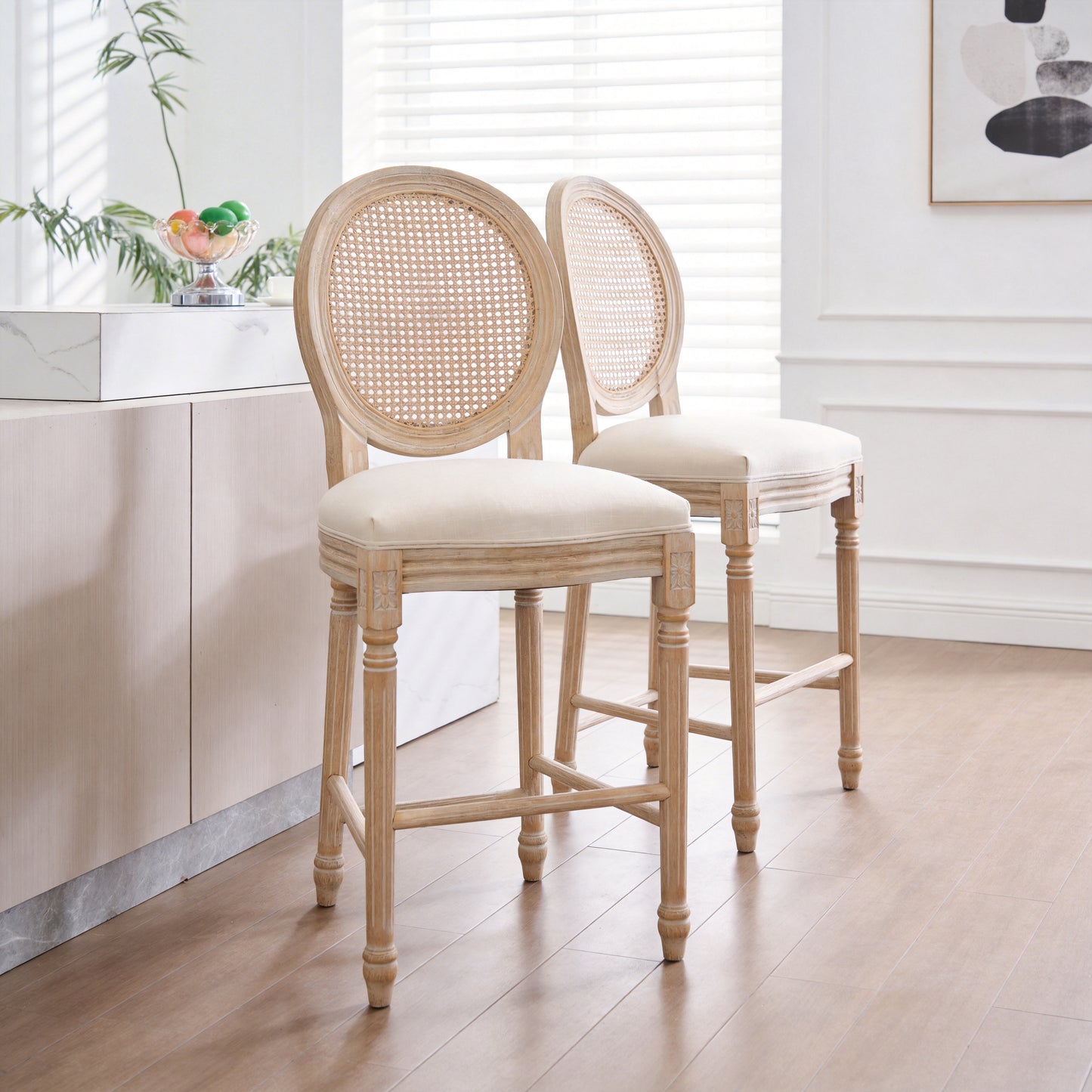 French Country 26  Height Bar Chairs Set Of 2, Upholstered Chairs With Rattan Round Back, Wire Drawing And Carving Techniques, For Living Room, Kitchen, Restaurant Use, Beige