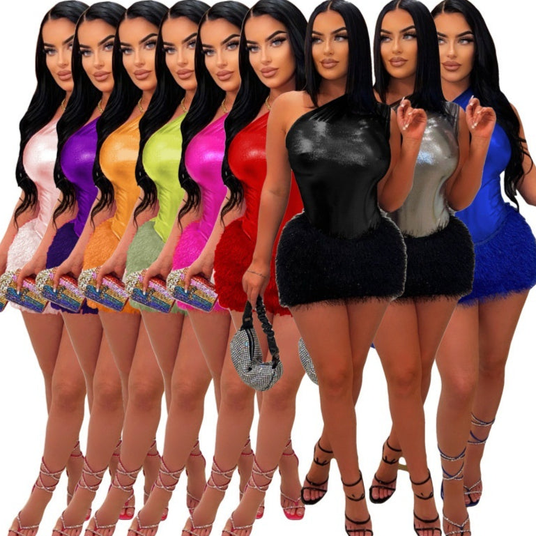 Womens Fashion Jumpsuit And Glossy Sexy Short Skirt Two-piece Set