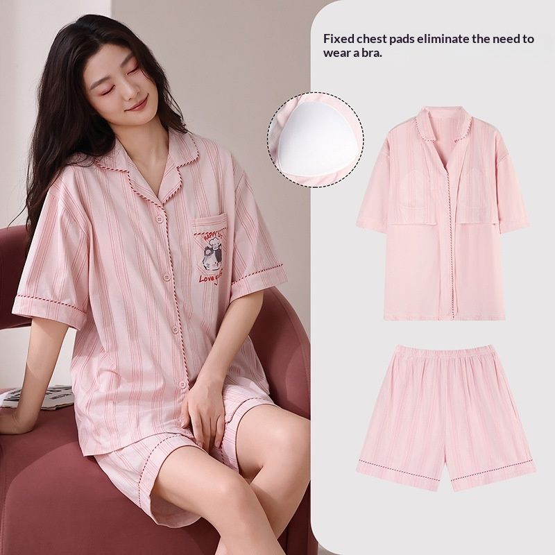 One-piece Cooling Loungewear With Built-in Chest Pads Womens Short-sleeve Pajamas