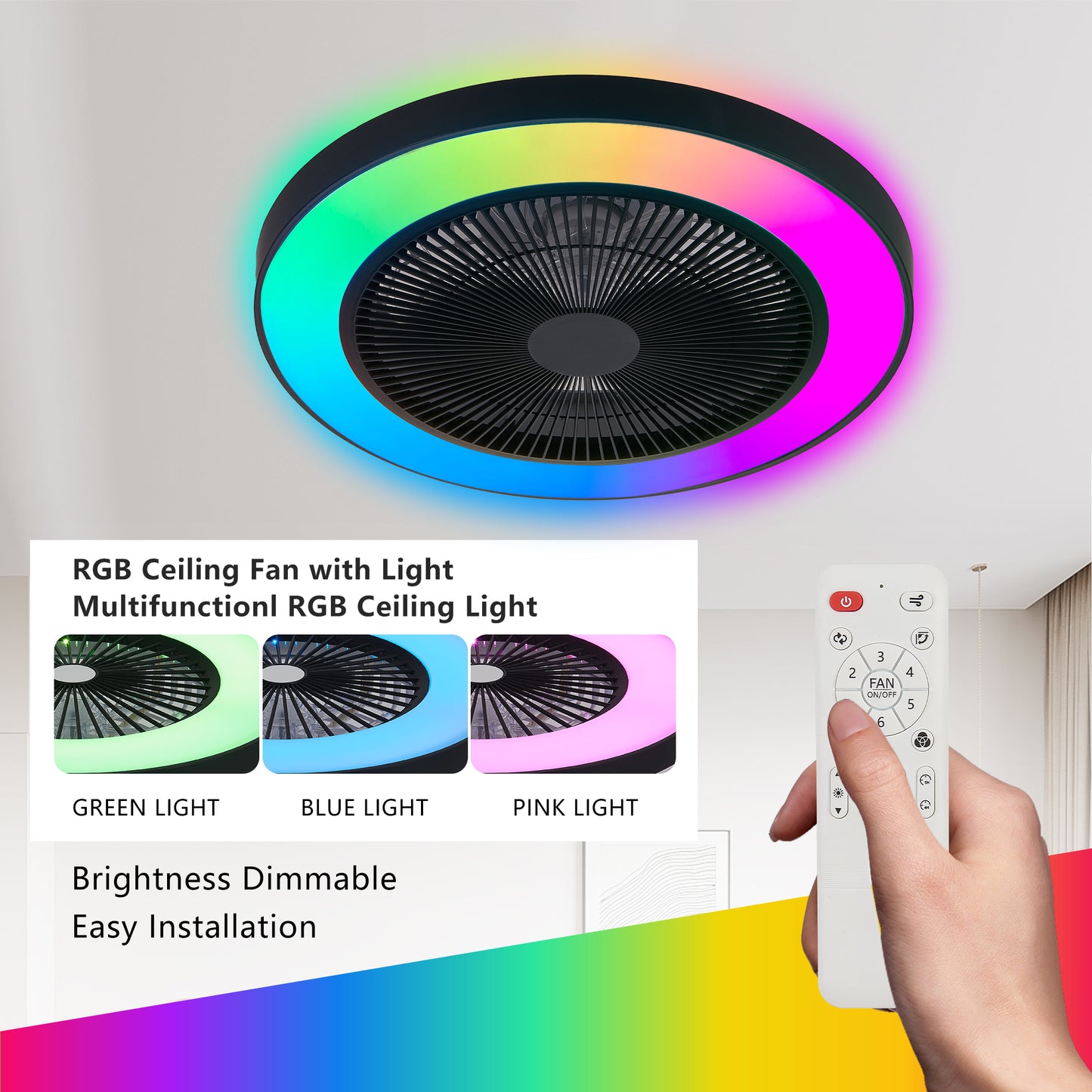 19-inch Black Ceiling Fan Light With LED RGB  Dimmable  Color-Changing, APP  Remote Control, Modern Smart Ceiling Fan For Living Room, Bedroom, And Dining Room Silent 6-Speed Reversible DC Motor
