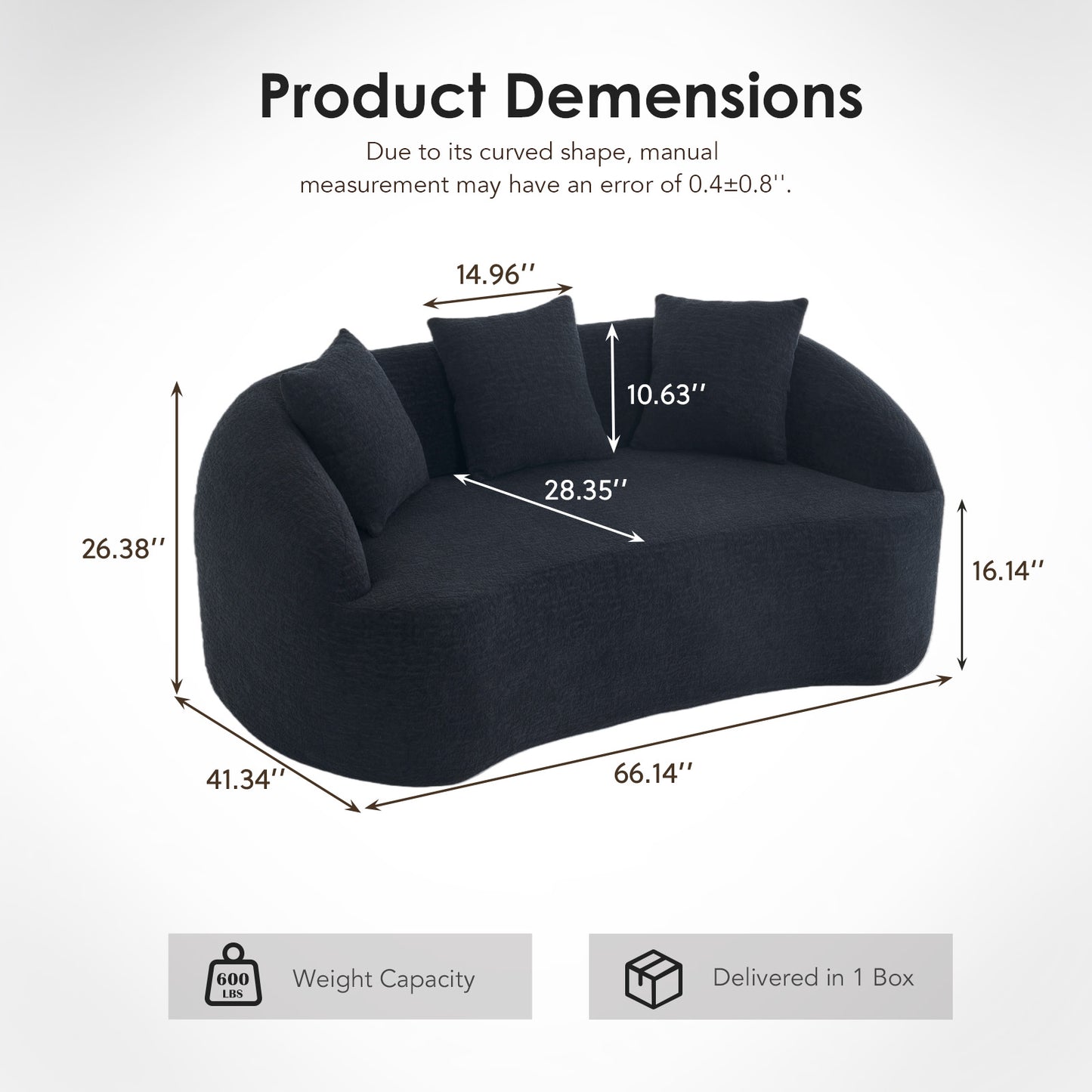 LY-049S Curved Modern Boneless Sofa Loveseat  Backrest Upgrade  2-Seater Black Chenille Compression Couch With 3 Pillows  Minimalist Modular Couches For Living Room  Office  Apartment  Guest Room