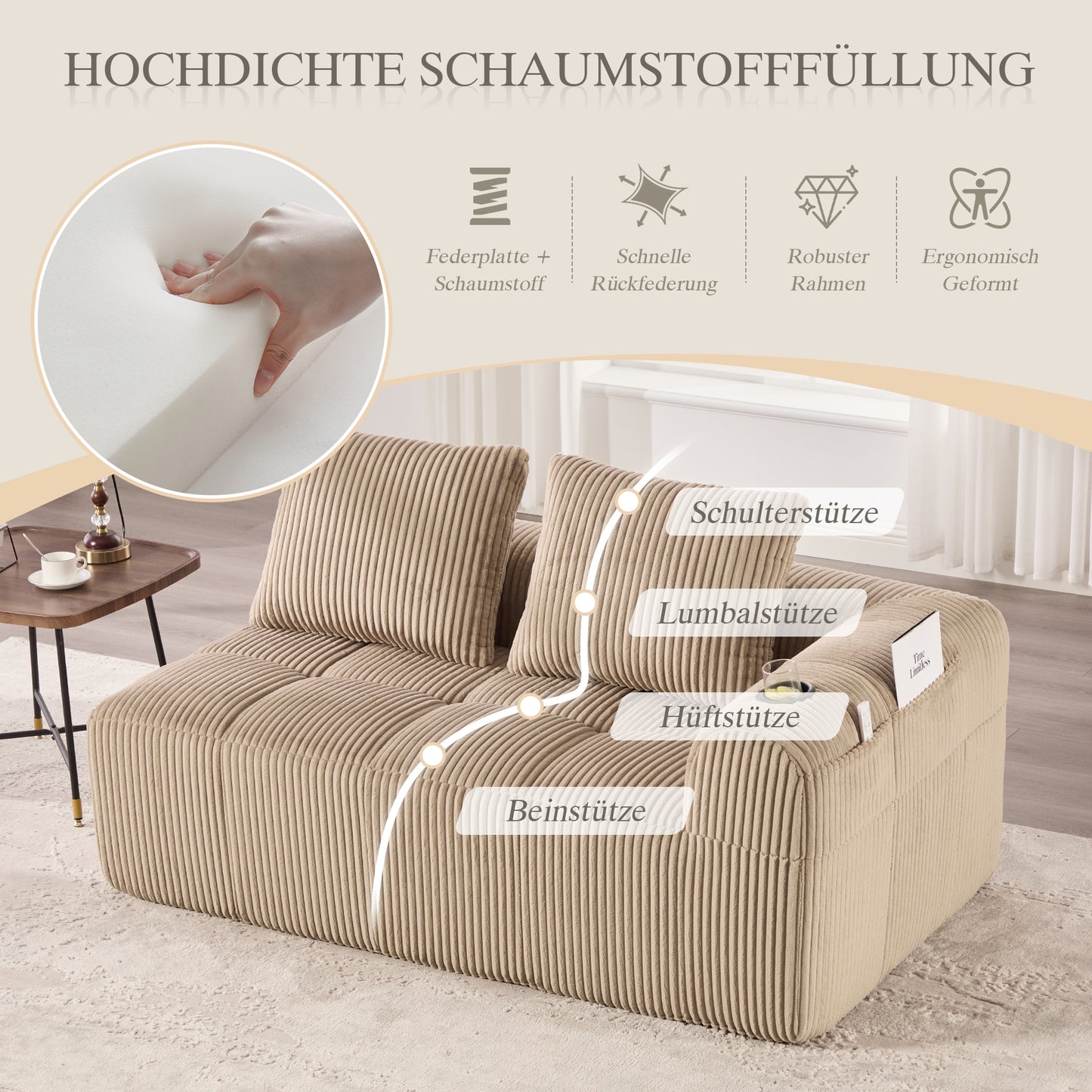 Cozy Corduroy Fabric Two-Seater Sofa  Without Assembly, Soft Back Cushions, Side Storage Pocket For Remote Control And Mobile Phone, Integrated Cup Holder  Neat And Aesthetic.