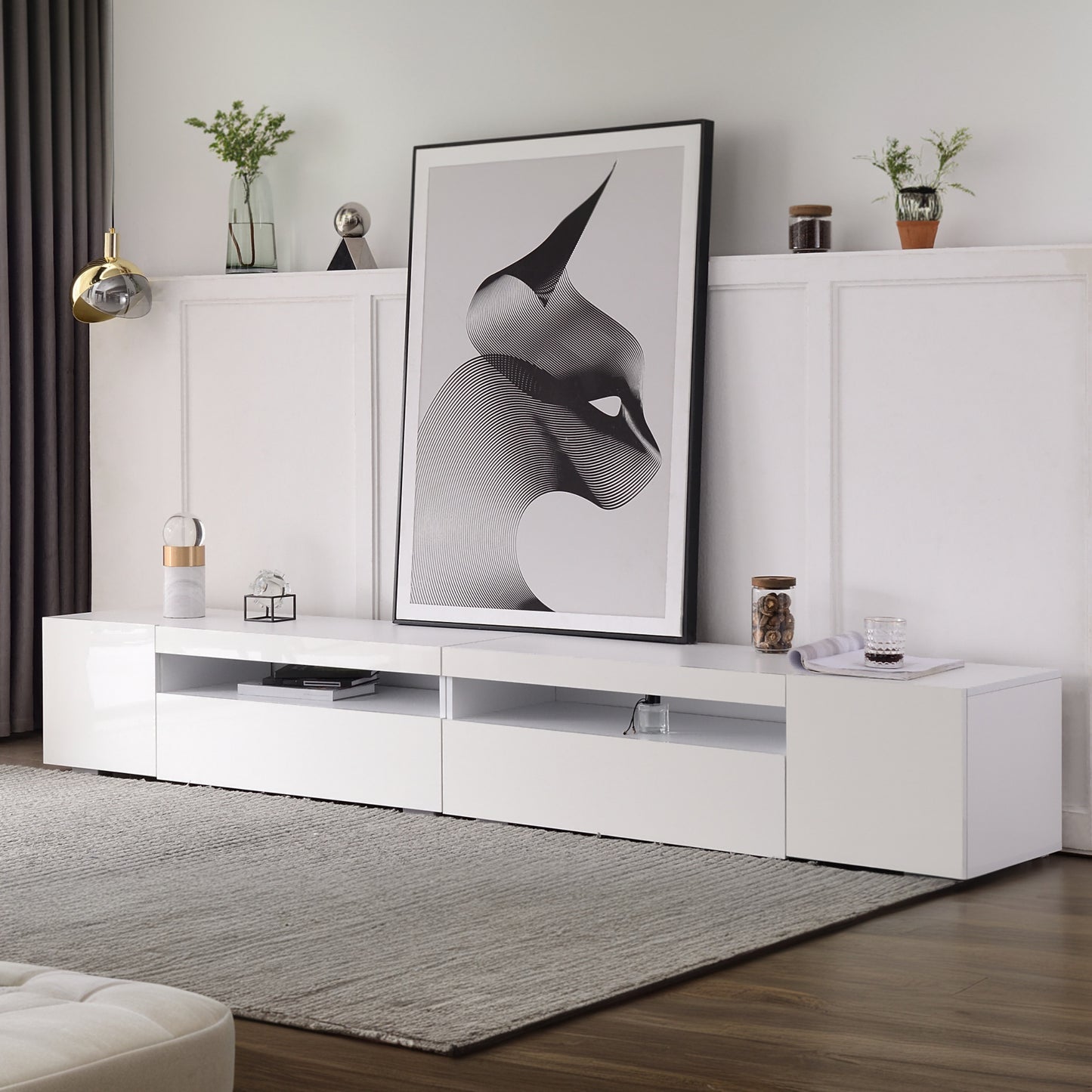 White Modern TV Cabinet, Bright Panel, Adjustable LED Lighting, Living And Dining Room 240cm Shiny Panel, Not High Gloss