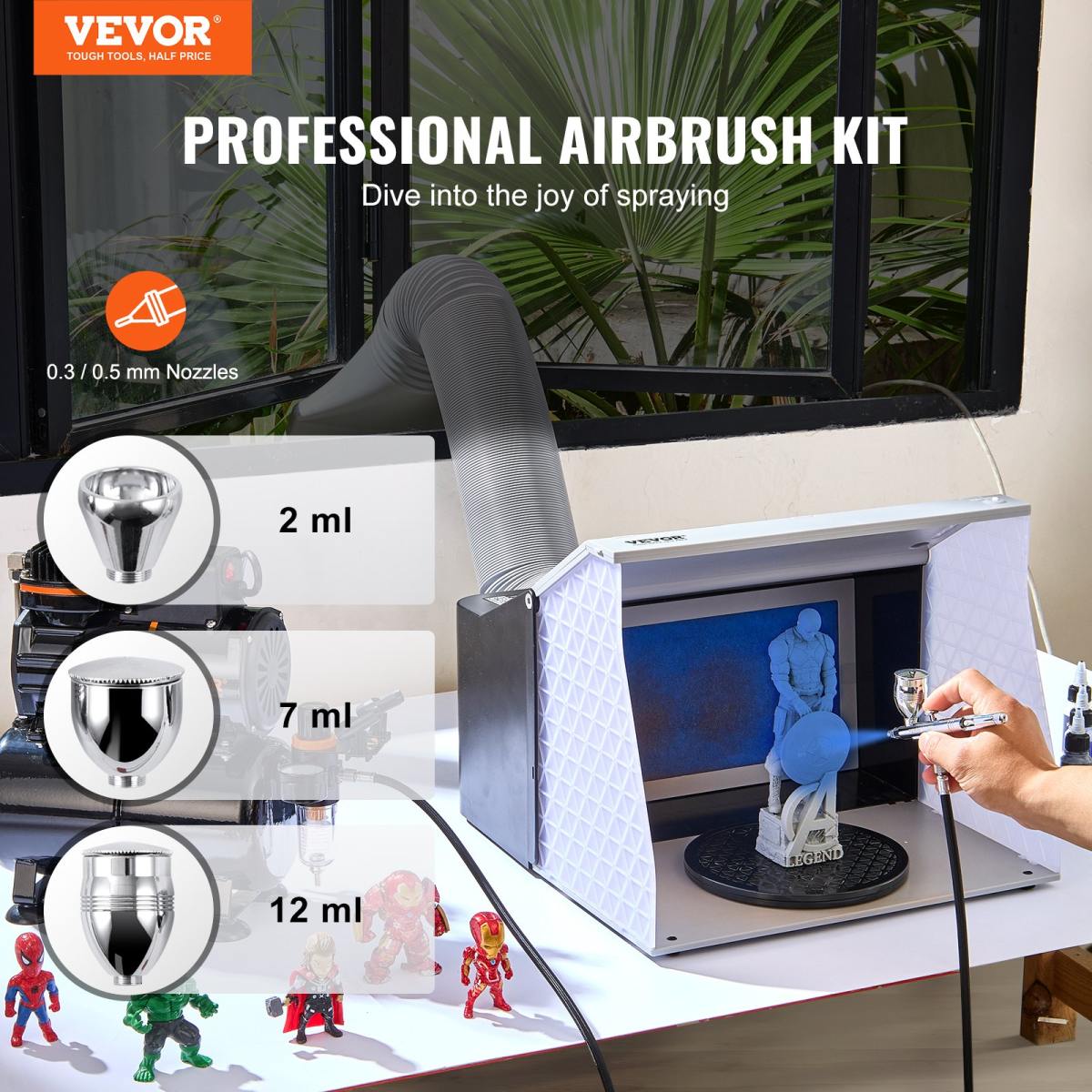 VEVOR Airbrush Gun, Dual Action Gravity Feed With 0.3 Mm And 0.5 Mm Nozzles, Airbrush Kit With 2 7 12ml Copper Cups And Cleaning Accessories, Ideal For Painting Models, Desserts, Cakes, And Nail Art