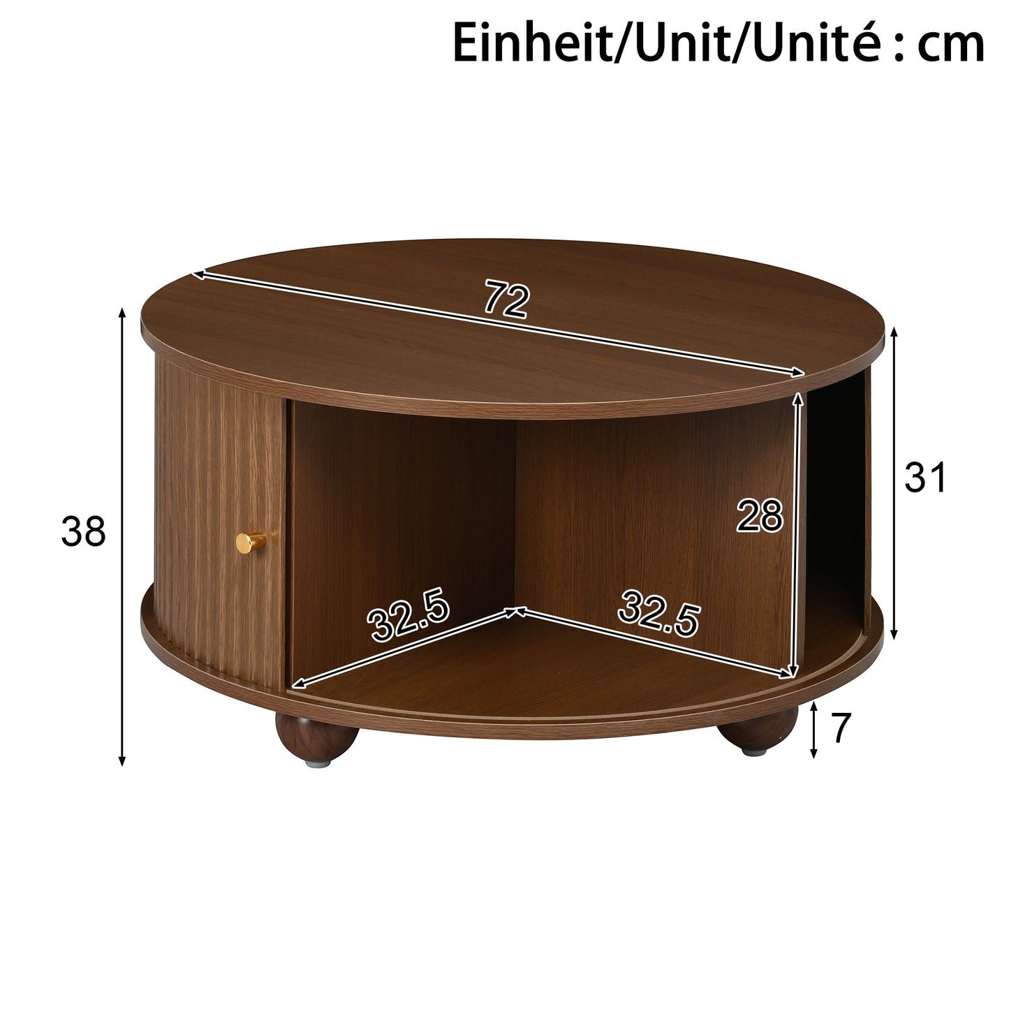 Coffee Table, Round Coffee Table, Living Room Table, Circumferential Vertical Relief Structure, Two Sliding Doors, MDF Body, Metal Handles, Spherical Metal Feet, Four Separate Storage Compartments