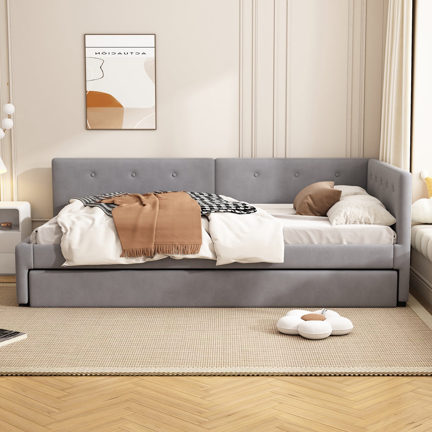 Daybed 90x200cm, Daybed With Rollaway Bed, Sofa Bed, Single Bed  Without Mattress , Minimalist Styling, Grey