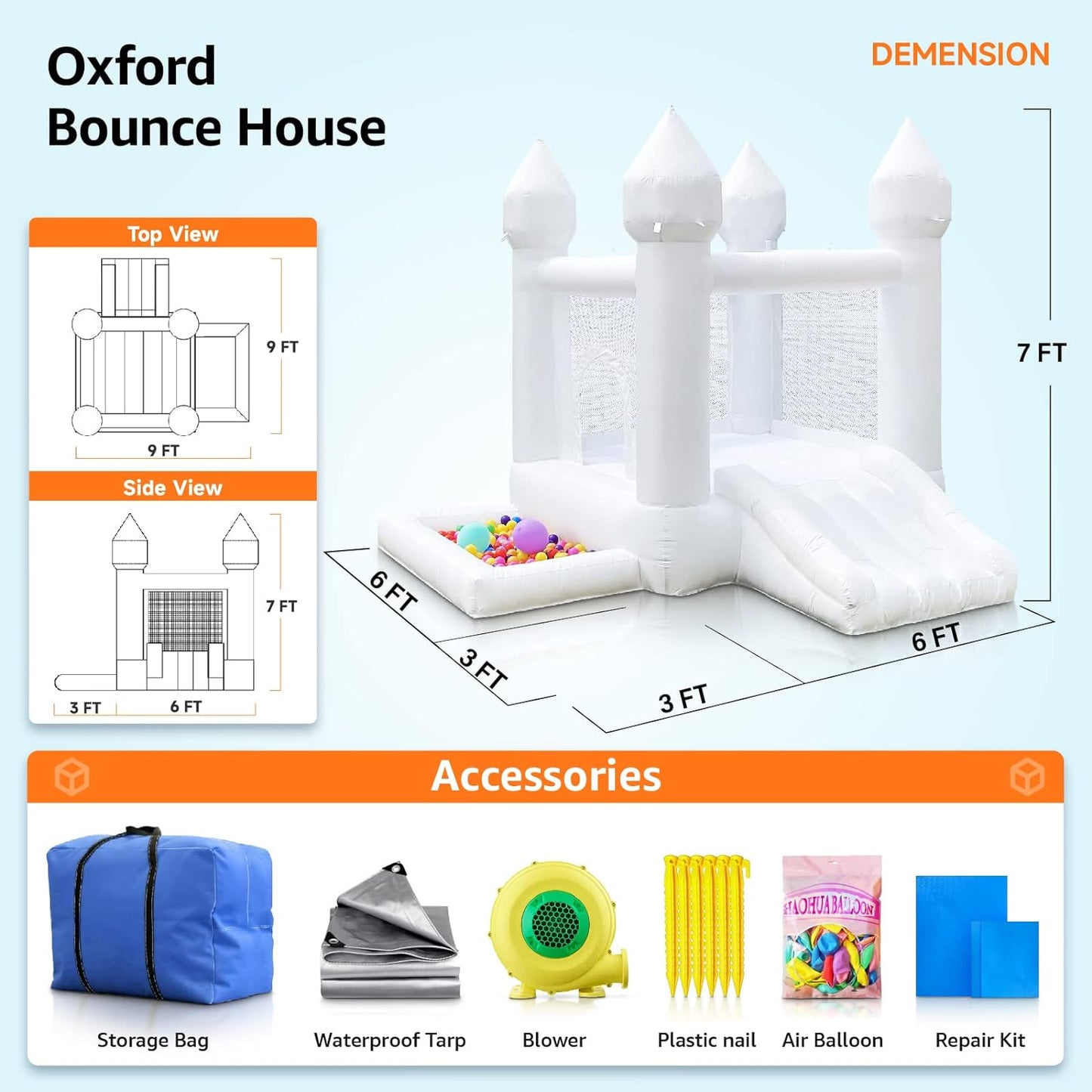 White Bounce House, Castle Theme Kids Inflatable Trampoline With UL Blower, Durable And Easy To Set Up, Safe And Fun For Active Kids--Selling On Amazon Is Prohibited