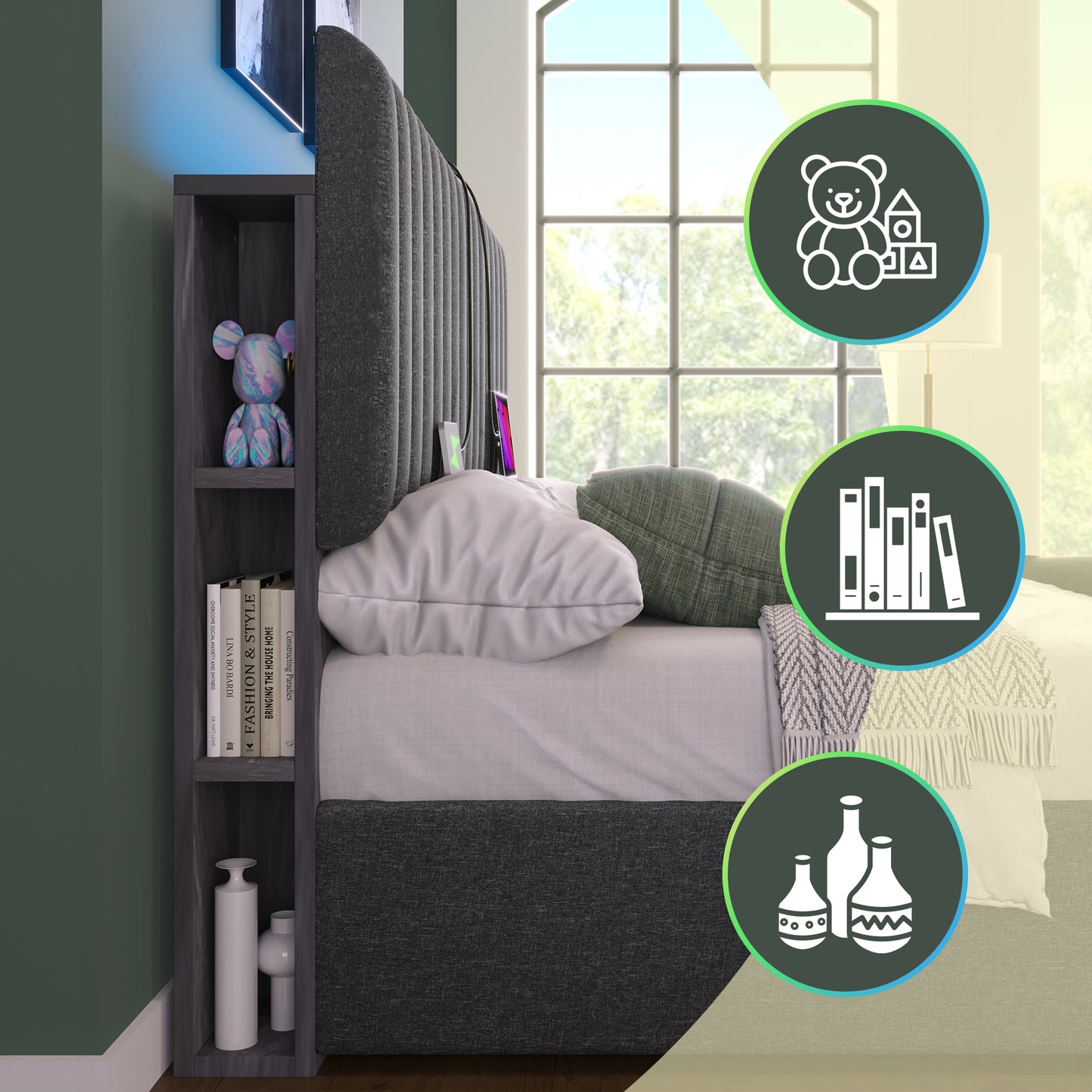 Upholstered Bed Storage Double Bed LED App-Control Bed With Charging USB Type C Charging Function, Storage Space & Adjustable Headboard, 140x200cm Wooden Slatted Frame, Grey Without Mattress