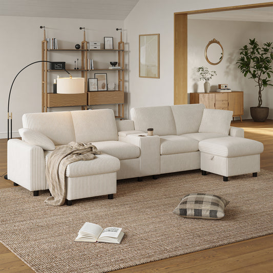 Comfy Corduroy U-shaped Sectional Sofa With 2 Movable Storage Ottomans, 1 USB & 2 Type-C Charging Ports, Cup Holders, Luxury Sofa For Living Room, Beige, 315 X 135 X 81 Cm