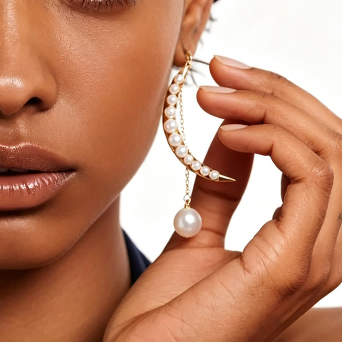 Cross-Border Supply Moon Pearl Dangle Earrings For Women, Light Luxury High-End Niche Unique Design Ear Jewelry, Fashion Versatile Drop Earrings