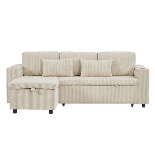 3 In 1 Convertible Corduroy Sofa Bed With Storage Chaise, L Shaped Sleeper Sofa Couches With Armrest Storage And Charging Station. Pullout Sectional Daybed For Living RoomBedroomOffice, Grey