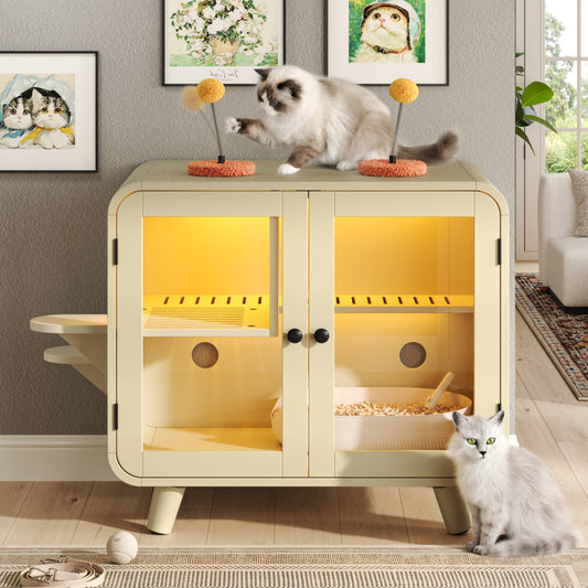 Cat Hidden Litter Box Enclosure With RGB LED Light, Cat House With Stairs And Cat Pom-pom Toys For Fun, Cat Washroom Cabinet With Litter Leak Walkway And Glass Doors For Better View,Beige