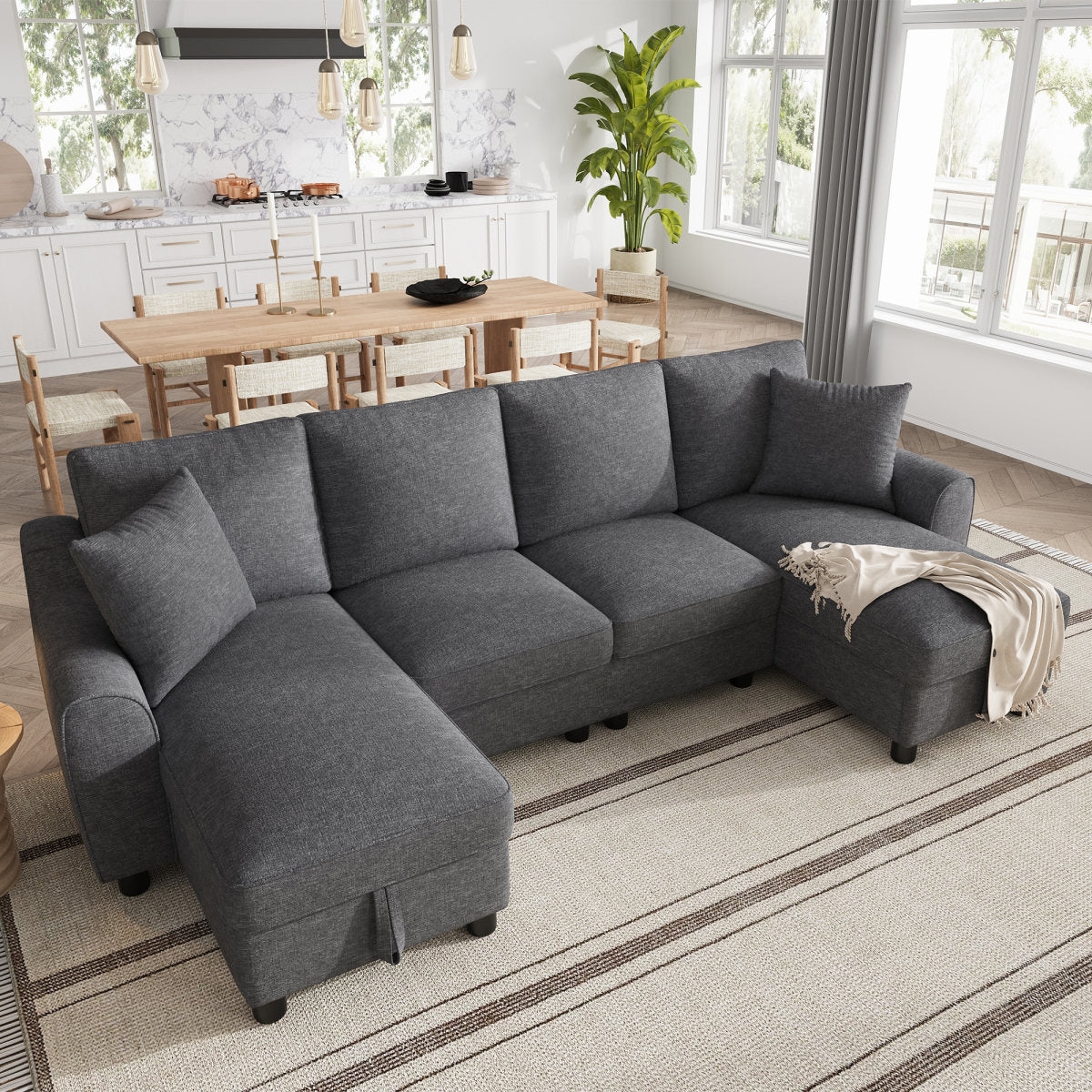 Modern Luxury Chenille U-Shaped Sectional Sofa With 2 Storage Chaise Lounges, 2 Square Cushions, Comfy Couch For Living Room, Grey, 272 X 131.5 X 84 Cm