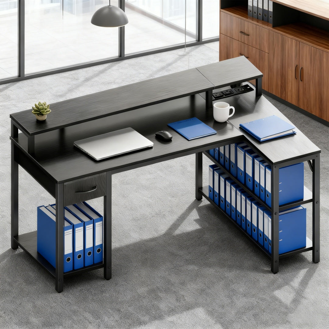 53-inch Gaming Table With USB Charging Port And LED Light, Reversible L-shaped Table With Power Socket And Monitor Stand