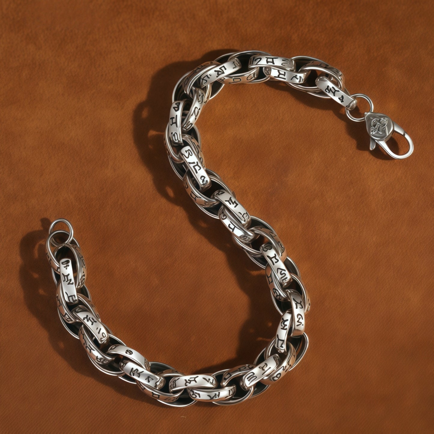 Antique Scroll Engraved Thick Curb Chain Bracelet For Men, Copper Plated Silver Oxidized Vintage Biker Punk Heavy Link Wrist Jewelry Gift