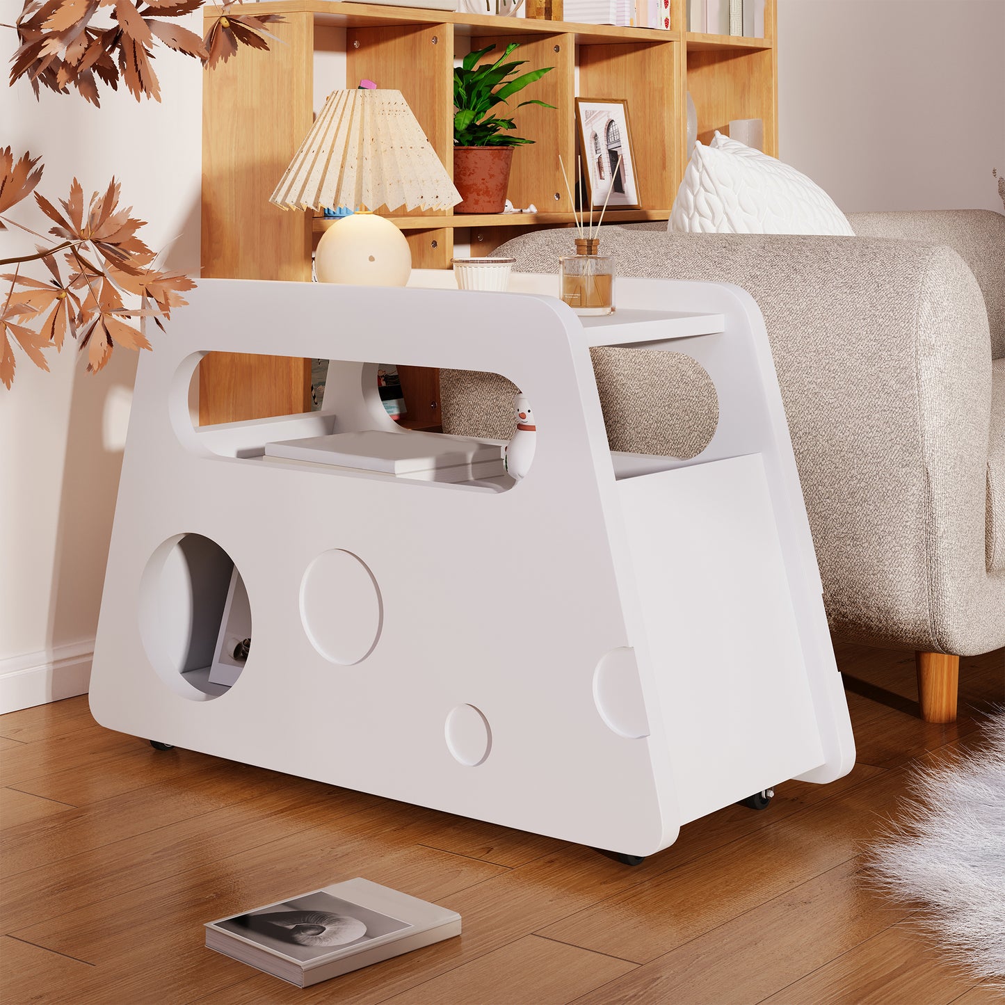 Sideboard, Modern White Side Table With Wheels, Safe Rounded Design  Mobile, Space-saving, Ideal For Living Room And Bedroom  81x33x51.5 Cm