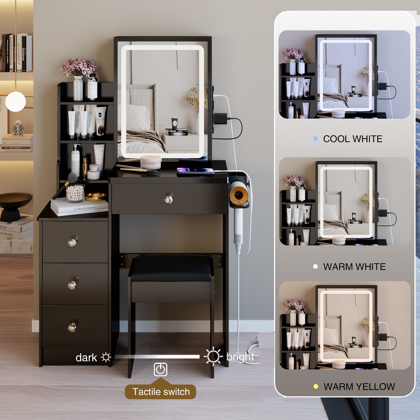 29.2 Small Size Bedside Cabinet Vanity Table  Cushioned Stool, 2 AC  2 USB Power Station, Hair Dryer Bracket, Extra Large Touch Control Sliding LED Mirror, 3-color Switching, EPA, GCC, UL Certificate