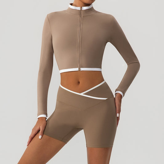 Shapewear Fitness Hip-Lifting Yoga Color-Block Jacket And Shorts Set