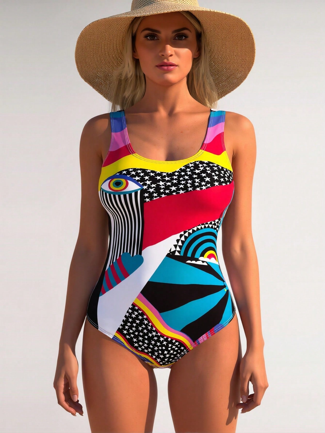 2026 New Bold Abstract Artistic Print Swimsuit, Evil Eye & Star Pattern Slimming One Piece Swimwear