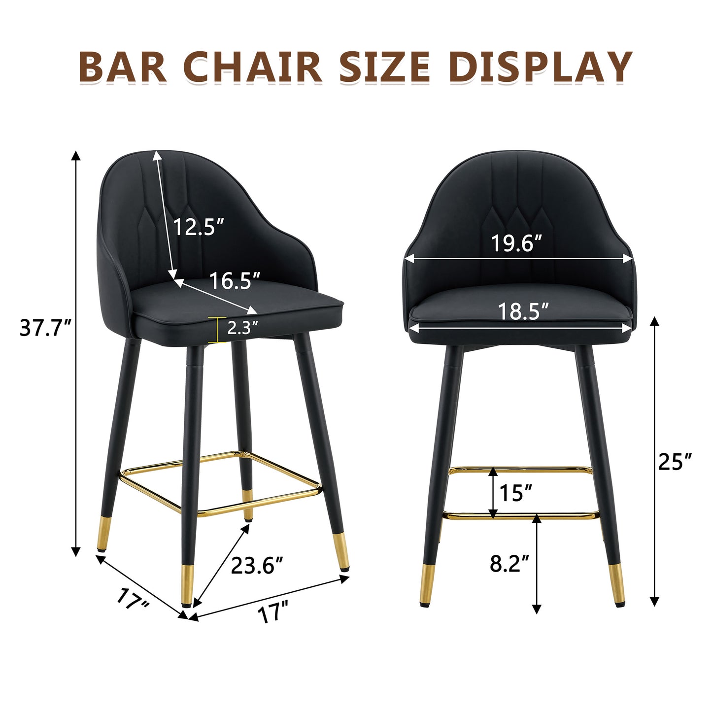 Set Of 2 Black PU Leather Bar Stools,37.7in High, 25in Seat Height, Gold Accent Footrest, Ideal For Kitchen Island, Home Bar & Dining Area, Available In Light Gray, White & Dark Gray Splicing Colors.