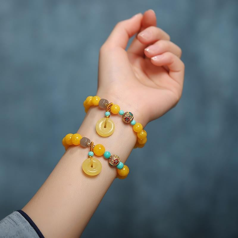 New Internet-famous Beeswax Chicken Yellow Single Circle Red Agate Safe Buckle Bracelet Retro New Chinese Artistic Girlfriend Gift