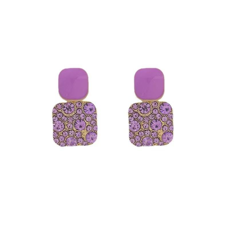 Korean Retro Purple Square Full Rhinestone Enamel Dangle Earrings, New Trendy Temperament Internet Celebrity Stud Earrings For Women