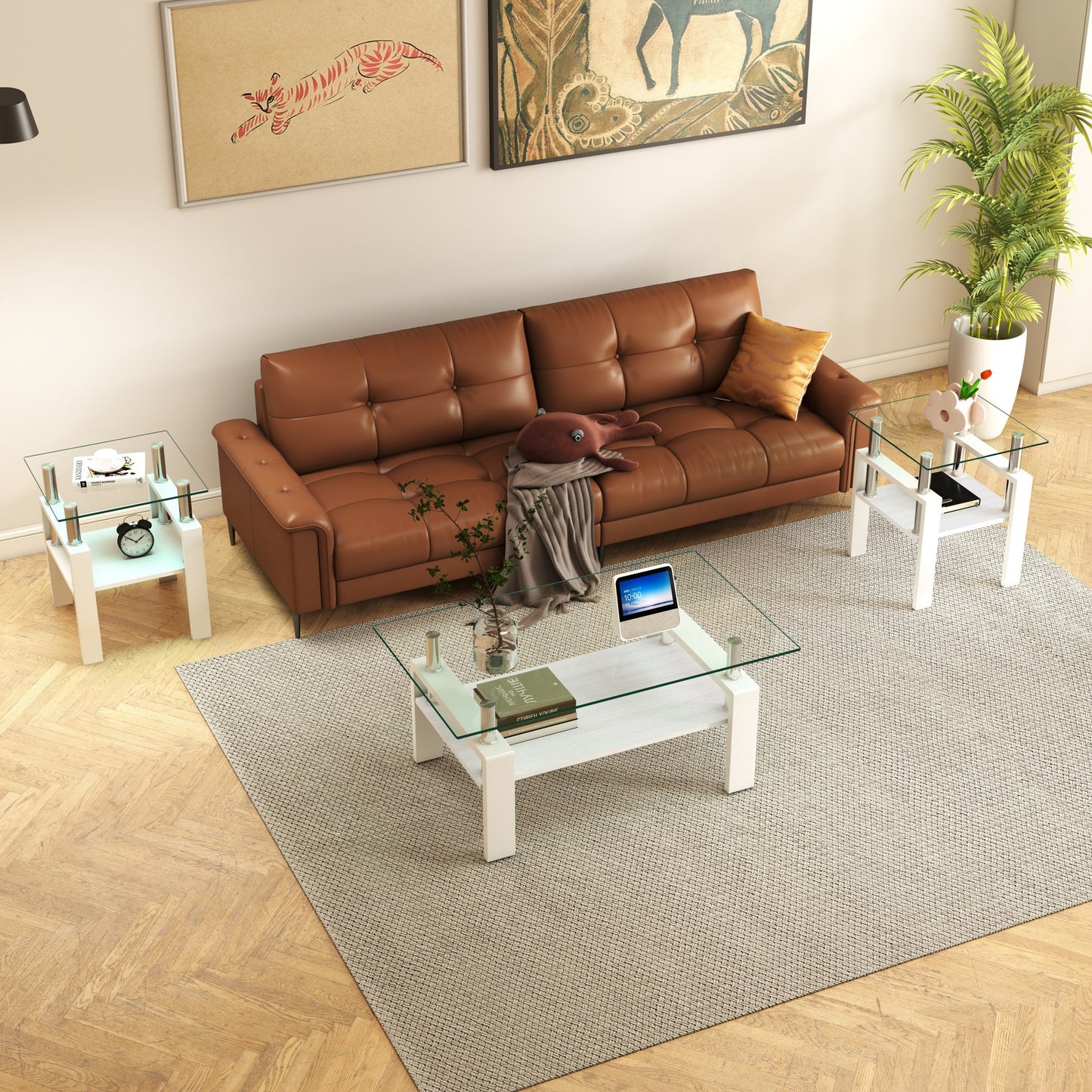Set Of 2 Modern Tempered Glass Tea Table,Tempered Glass Tabletop With MDF Layer,Coffee Table,End Table, Square Table For Living Room, Transparent White