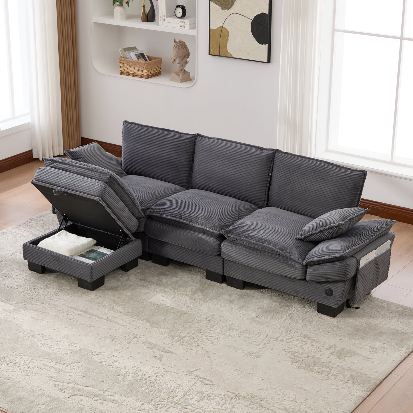 Modular 3-seater Corduroy Sofa  With 1 Stool Wide Seat, Ergonomic Design, High-density Foam Padding, USB-C Port And Side Pockets.Ideal For Living Room, Office Or Lounge.DarkGray