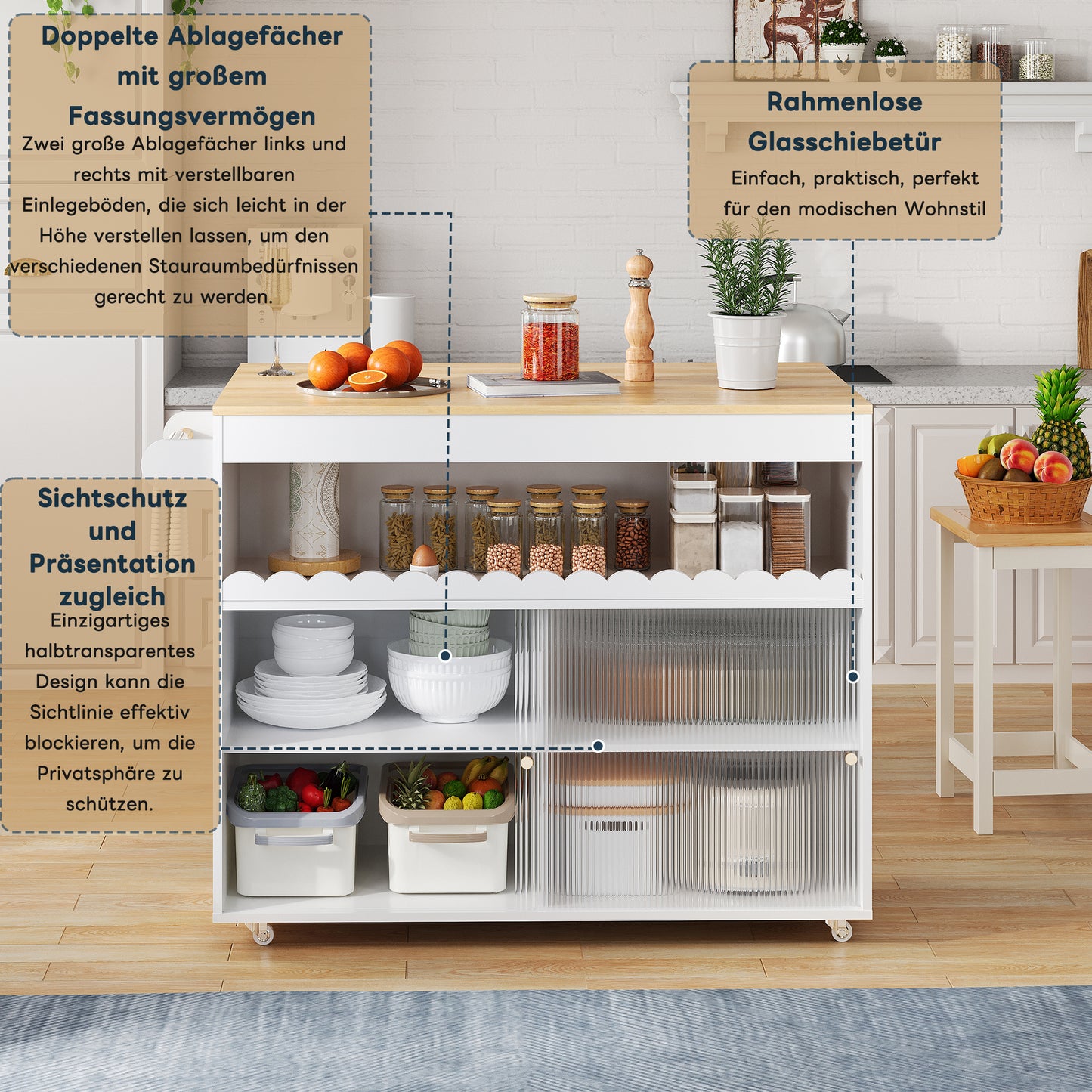 122 X 46  X 91cm, Folding Kitchen Island Cart, Oak Veneer Worktop, Tempered Glass Sliding Doors, Adjustable Shelves, Towel Rail, Large Kitchen Island Cart