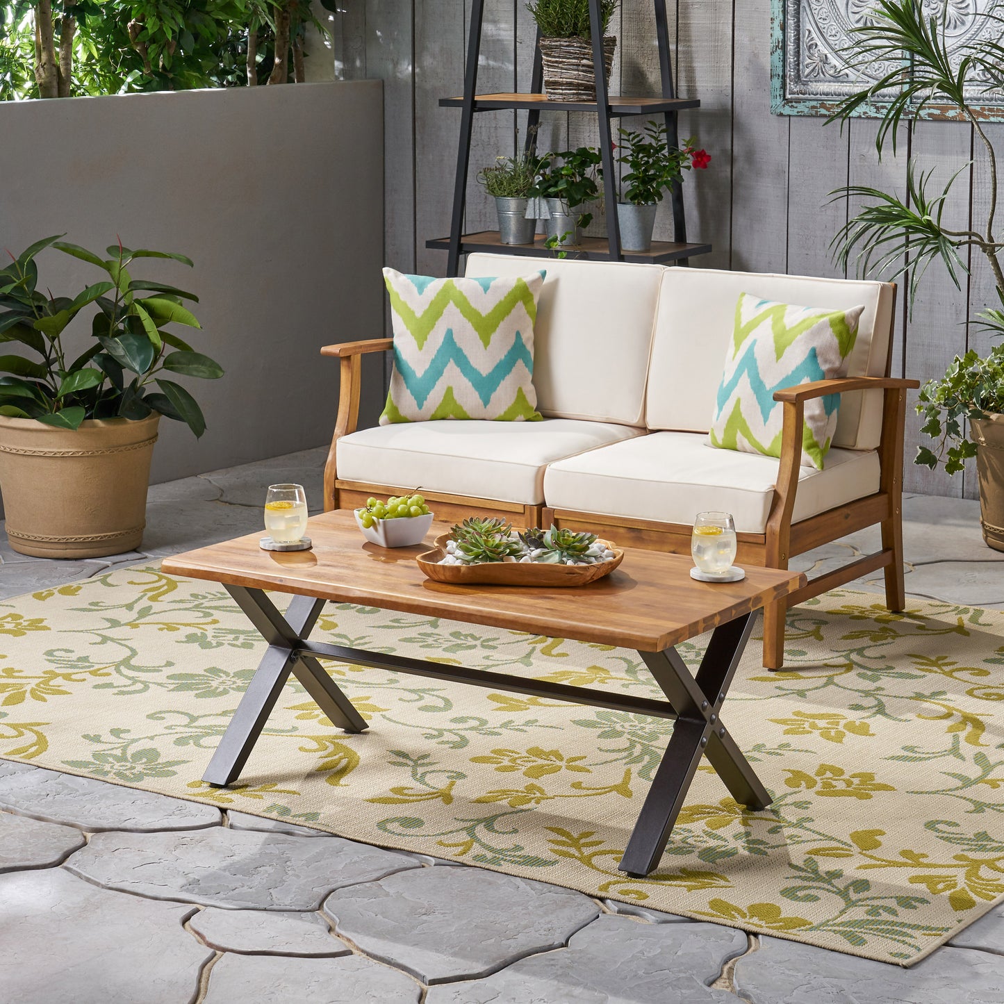 Outdoor Acacia Wood Coffee Table, Teak Finish   Rustic Metal,Black And Brown, 18 H X 27.25 W X 43.25 L