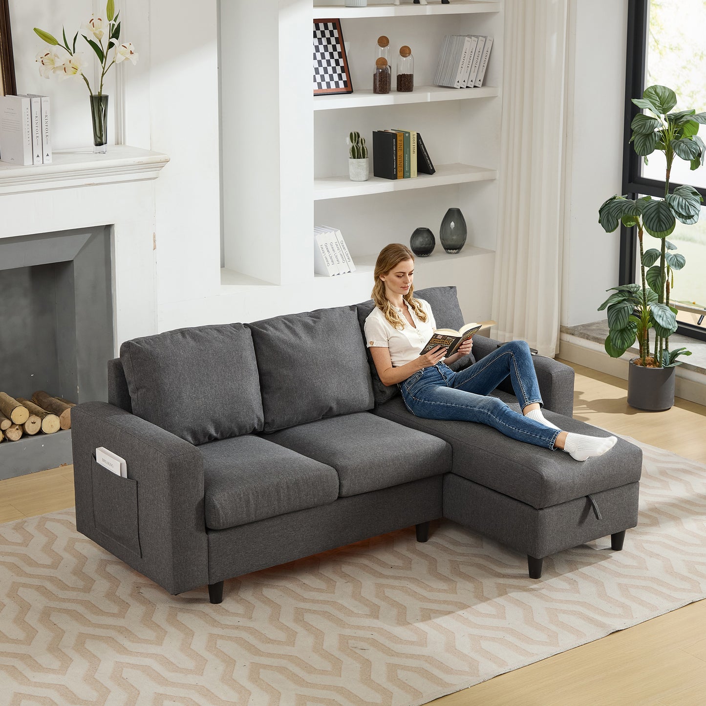 L-Shaped Couch Sofa With Storage, 3 Seater Corner Sofa With USB, LED Lights, Sofa Couches With Side Pockets For Apartment Living Room, Office, Grey, 180x120x72cm