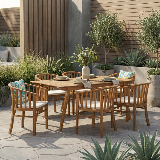Outdoor 6 Seater Acacia Wood Dining Set With Cushins,Finish And Cream