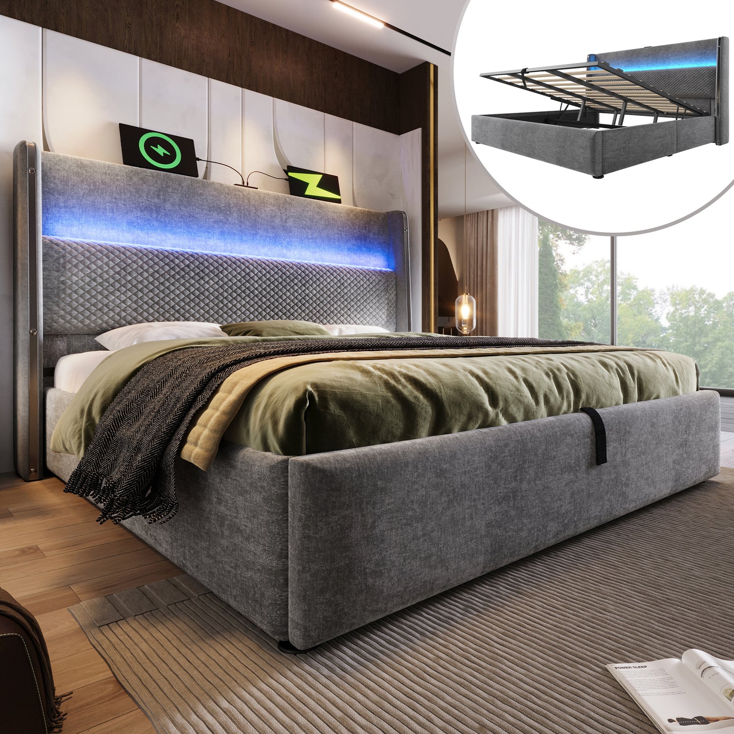 Modern Hydraulic Bed With High Headboard, 140x200cm Double Bed With LED Lighting, Storage Space & USB Type-C Ports, In Linen Look Grey  Without Mattress